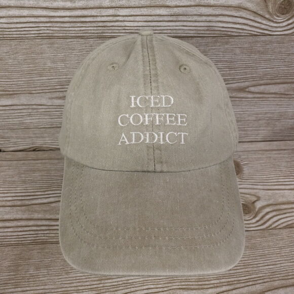 ICED COFFEE ADDICT TAN BEIGE FUNNY HUMOR STRAPBACK BASEBALL DAD HAT CAP - Picture 1 of 10